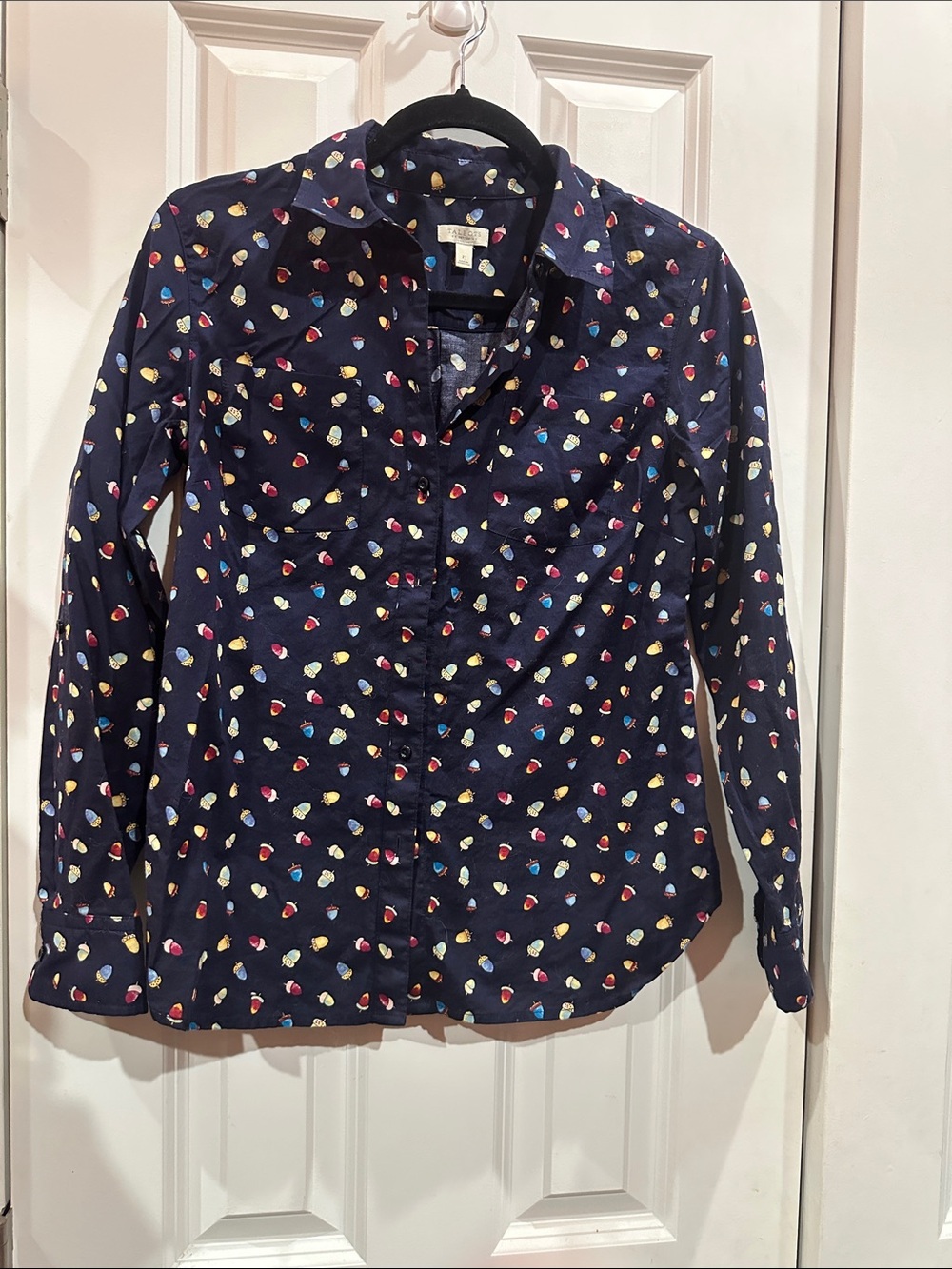 Talbots Navy Button-Up Shirt with Multicolor Acorn Print size petites P